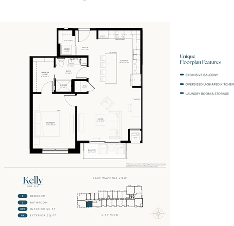 Floor plan for 1 bed, 1 bath, 819 sqft
